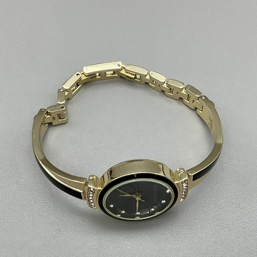 Anne Klein Womens Watch Gold Tone Black Dial Crystal Bangle Bracelet Quartz